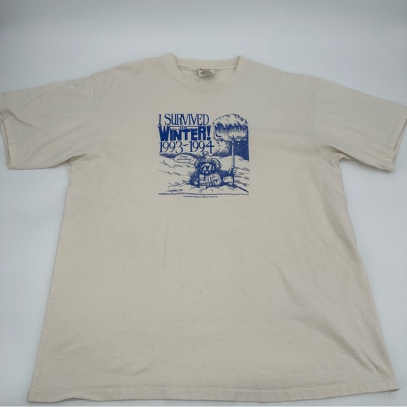 Vintage 90s Tshirt "I Survived the Winter" XL Adult Single Stitch Tee Beige Blue - Picture 6 of 12